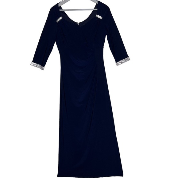 R&M Richards Blue Ruched 3/4 Sleeve Maxi Gown Rhinestone Size 10P NWT Elegant - Picture 14 of 15